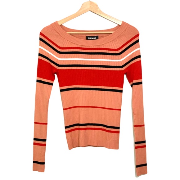 Express Women's Boat Neck  Ribbed Striped Sweater in Red and Pink Small Y2K - Picture 1 of 10